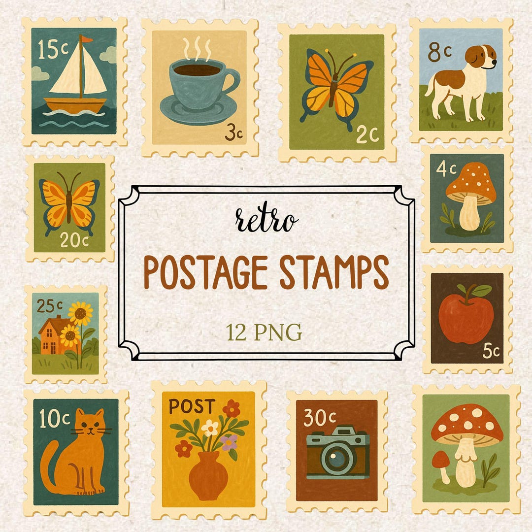 Vintage Postage Stamps Clipart: Hand-drawn PNG (instant Download