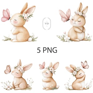 Pode incluir: Ilustra&ccedil;&otilde;es em aquarela de cinco coelhinhos ador&aacute;veis com coroas de flores e borboletas. Os coelhinhos est&atilde;o sentados, com os olhos fechados, rodeados por flores e vegeta&ccedil;&atilde;o delicadas. O texto "5 PNG" &eacute; exibido em preto.
