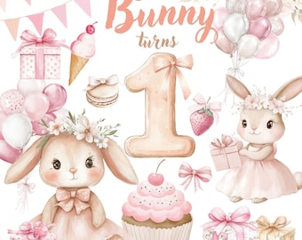 Cute Watercolor Bunny Clipart, Some Bunny Turns One, Watercolor Bunny Clipart, Bunny Baby Shower Clipart, Girl&#39;s Birthday, Watercolor Rabbit