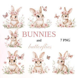 Aquarell süße Hasen und Schmetterlinge Clipart, Hase Clipart, süße Kaninchen Clipart, Hase PNG, transparenten Hintergrund, Hase für Kinderzimmer