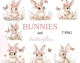 Watercolor Cute Bunnies and Butterflies Clipart, Bunny Clipart, Cute Bunnies Clipart, Bunny PNG, Transparent Background, Bunny for Nursery