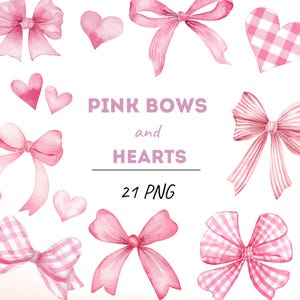 Watercolor Pink Bow Clipart, Pastel Pink Bows Clipart, Coquette Bows png, Pink Watercolor Heart Clipart, Pastel Hearts Graphic
