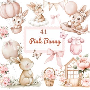 May include: A watercolour illustration of pink bunny designs. The image includes bunnies with floral crowns, a bunny in a hot air balloon, and a bunny flying a plane. The text "41 Pink Bunny" is also present.