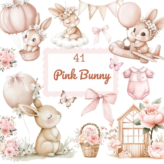 Watercolor Bunny Clipart Bundle, Bunny for Baby Shower, Birthday, Blush Pink Rabbits
