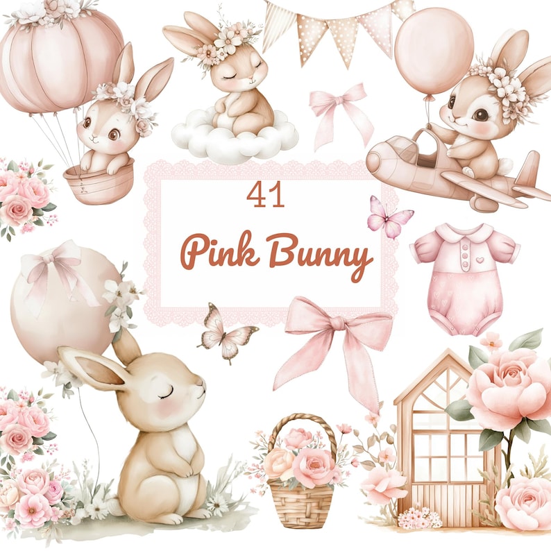 May include: A watercolour illustration of pink bunny designs. The image includes bunnies with floral crowns, a bunny in a hot air balloon, and a bunny flying a plane. The text "41 Pink Bunny" is also present.