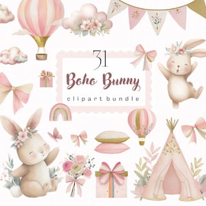 Boho Bunny Clipart, Cute Bunny Clipart Bundle For Baby Shower, Birthday, Watercolor Bunny Clipart, 31 png, Commercial Use, Cute Rabbits