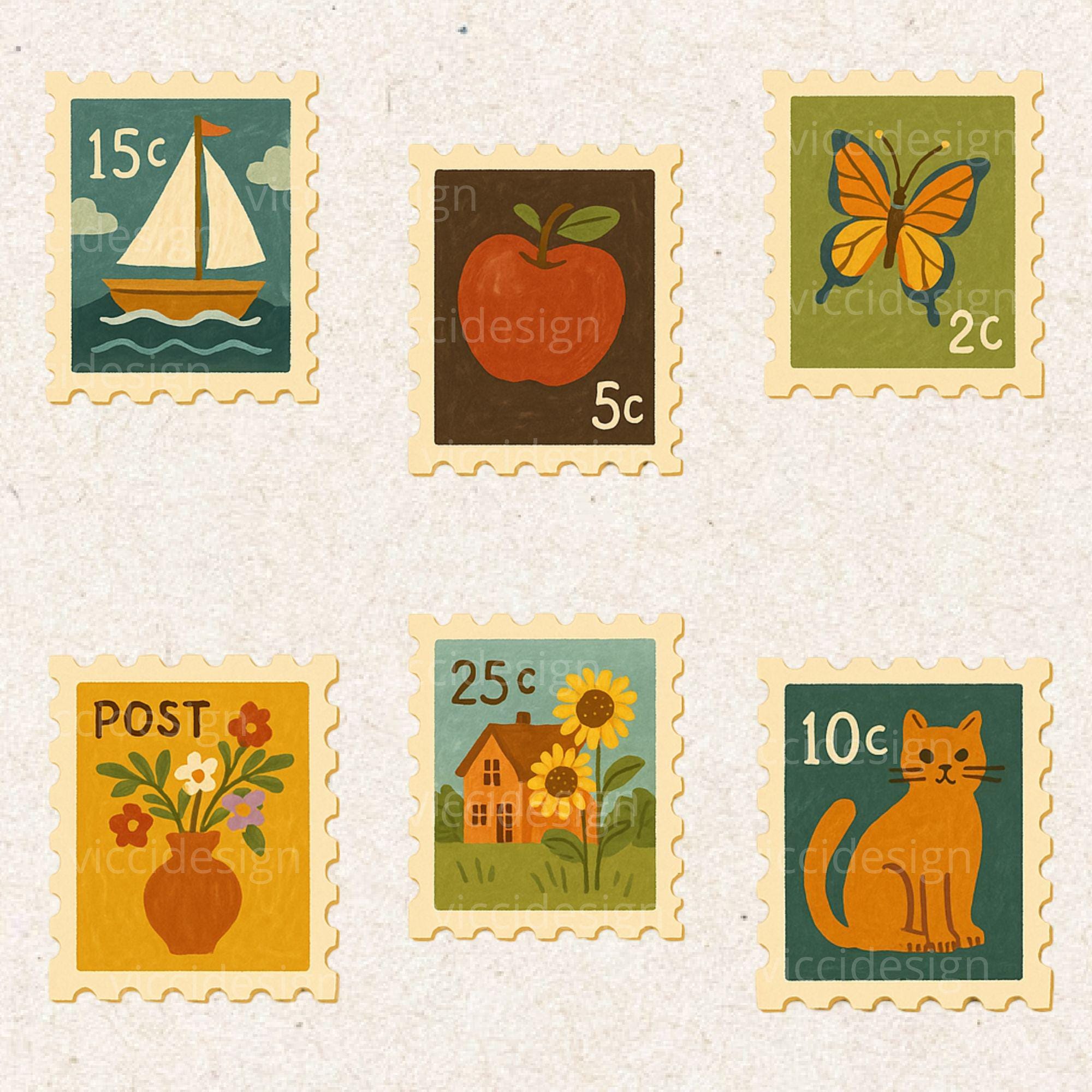 Vintage Postage Stamps Clipart: Hand-drawn PNG (instant Download) - Etsy