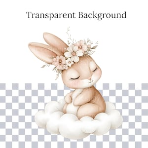May include: A watercolour illustration of a light brown bunny wearing a floral crown, sitting on a fluffy white cloud. The bunny has closed eyes and a serene expression. The text "Transparent Background" is at the top.