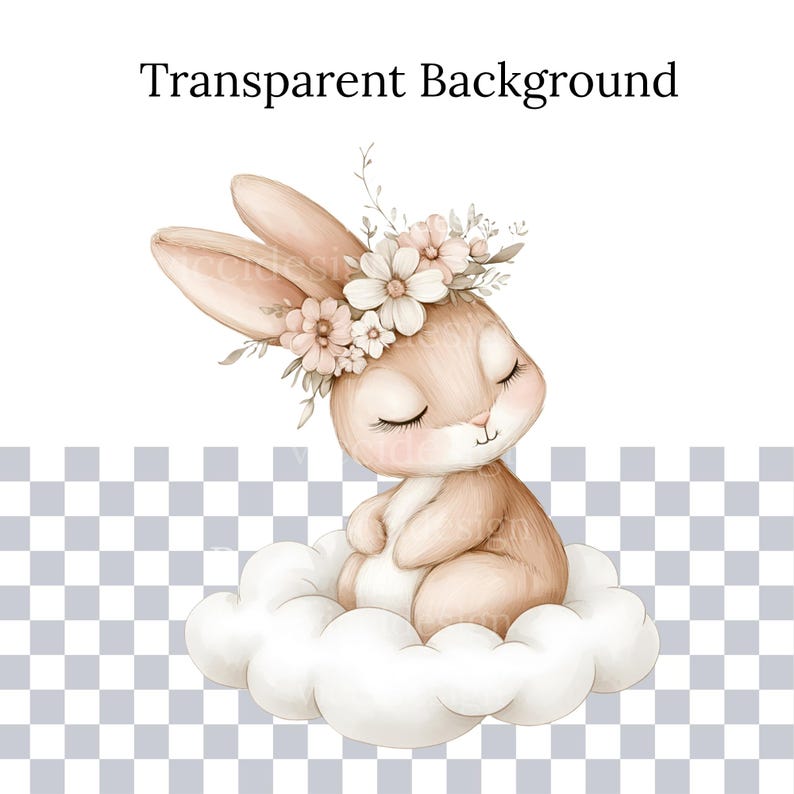 May include: A watercolour illustration of a light brown bunny wearing a floral crown, sitting on a fluffy white cloud. The bunny has closed eyes and a serene expression. The text "Transparent Background" is at the top.