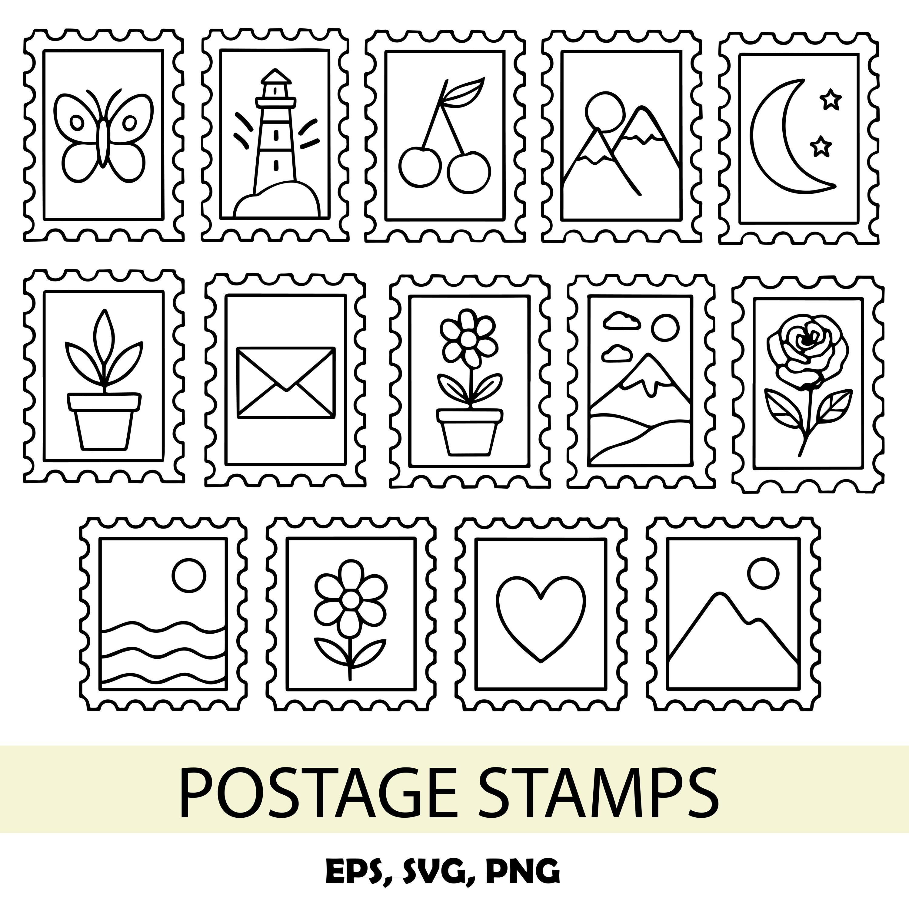 Postage Stamps, Doodle Postage Stamps, SVG, EPS, PNG, 14 elements