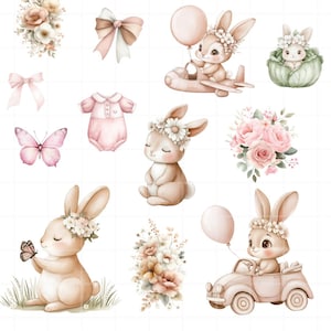 May include: A collection of watercolour illustrations featuring bunnies, flowers, and bows in soft pastel shades. The bunnies are adorned with flower crowns, balloons, and a car. A butterfly and a bunny in a cabbage are also shown.
