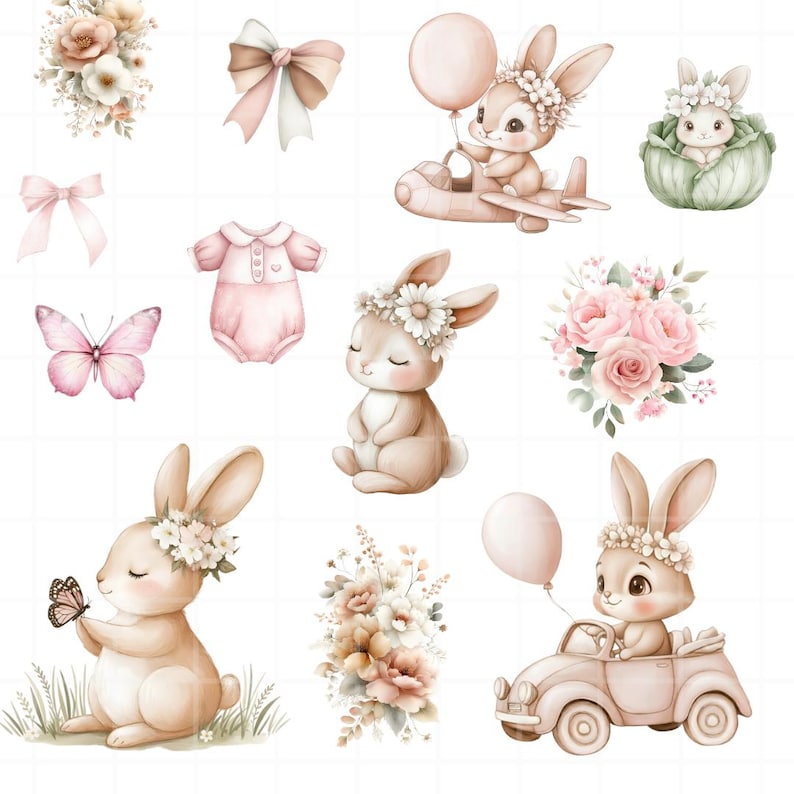 May include: A collection of watercolour illustrations featuring bunnies, flowers, and bows in soft pastel shades. The bunnies are adorned with flower crowns, balloons, and a car. A butterfly and a bunny in a cabbage are also shown.