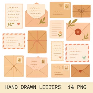 Cartas y sobres dibujados a mano, imágenes prediseñadas de cartas postales, fondo transparente, scrapbooking, diario, 14 PNG