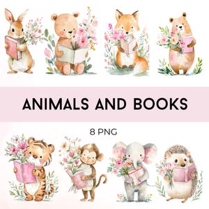 Watercolor Animals with Books and Flowers – Cute Nursery Clipart, 8 Animal Illustrations, Baby Room Decor, Instant Download