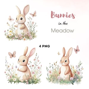 Watercolor Cute Meadow Bunnies, Cute Rabbits Clipart, Baby Bunny png, Bunny and Flowers Clipart, Transparent Background