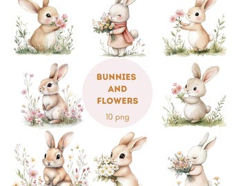Watercolor Bunny Clipart, Floral Rabbit PNG, Nursery Art (Digital Download)