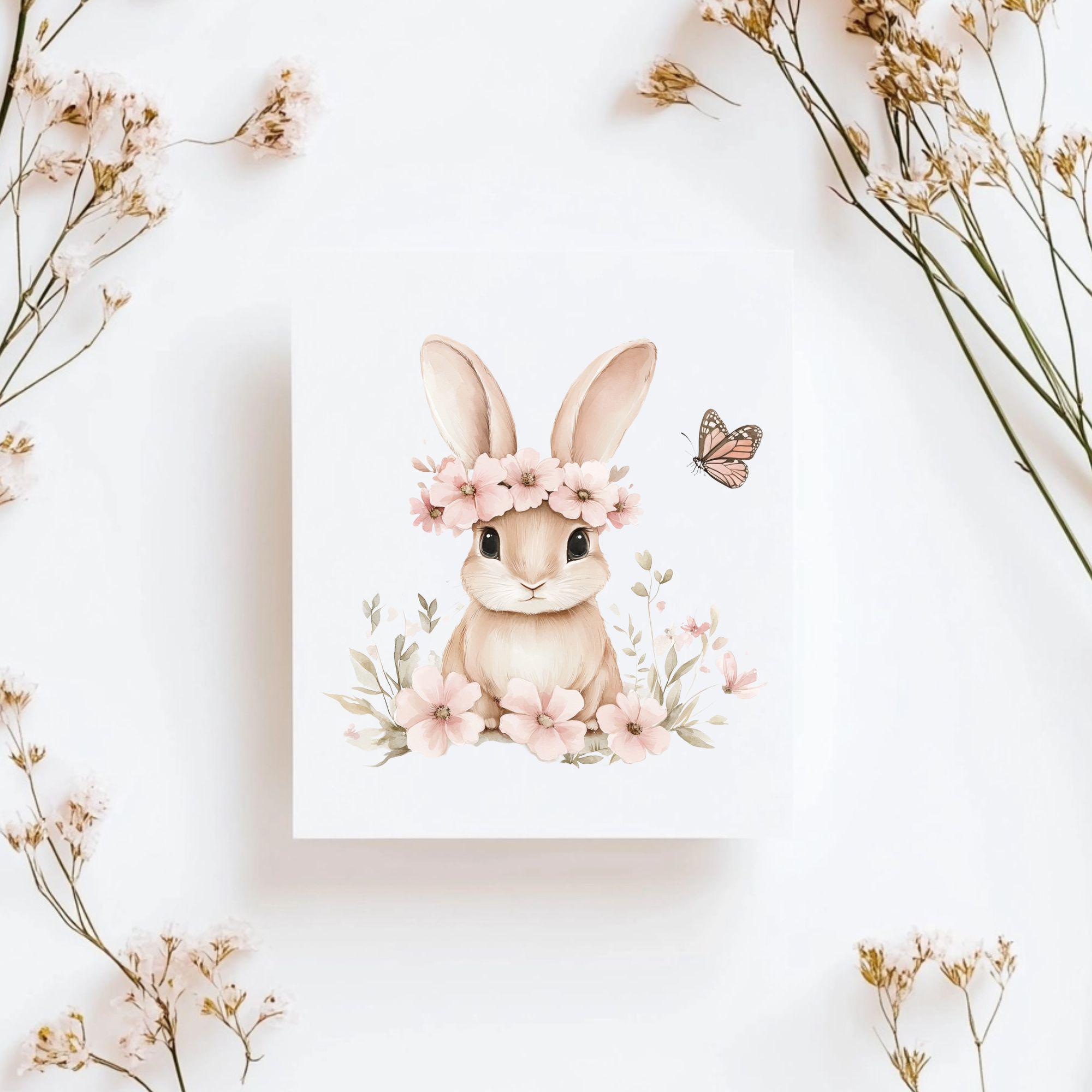 水彩画風の花の中のウサギのクリップアート、かわいいウサギと蝶、7