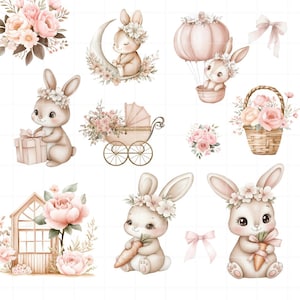 May include: A collection of watercolour illustrations featuring cute bunnies adorned with floral crowns, carrots, and gifts. The images include a bunny in a hot air balloon, a bunny on a crescent moon, and a baby carriage, in soft pastel shades.