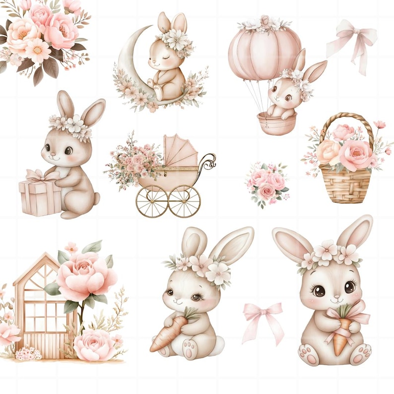 May include: A collection of watercolour illustrations featuring cute bunnies adorned with floral crowns, carrots, and gifts. The images include a bunny in a hot air balloon, a bunny on a crescent moon, and a baby carriage, in soft pastel shades.