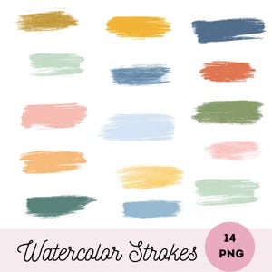 May include: A collection of 14 watercolor strokes in various colors, including gold, orange, blue, green, and pink. The strokes are arranged on a white background. The words "Watercolor Strokes" are written in a cursive font, and a pink circle with "14 PNG" is in the bottom right.