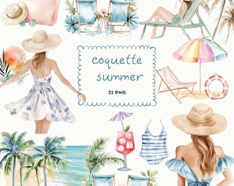 Watercolor Coastal Clipart Bundle, Beach Landscapes, Summer Designs