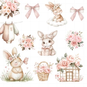 May include: A collection of watercolour illustrations with an Easter theme. The image includes bunnies wearing floral crowns, pink bows, rose bouquets, a baby onesie, a flower basket, and a small house adorned with flowers. The colour scheme is soft, with pinks, browns, and greens.