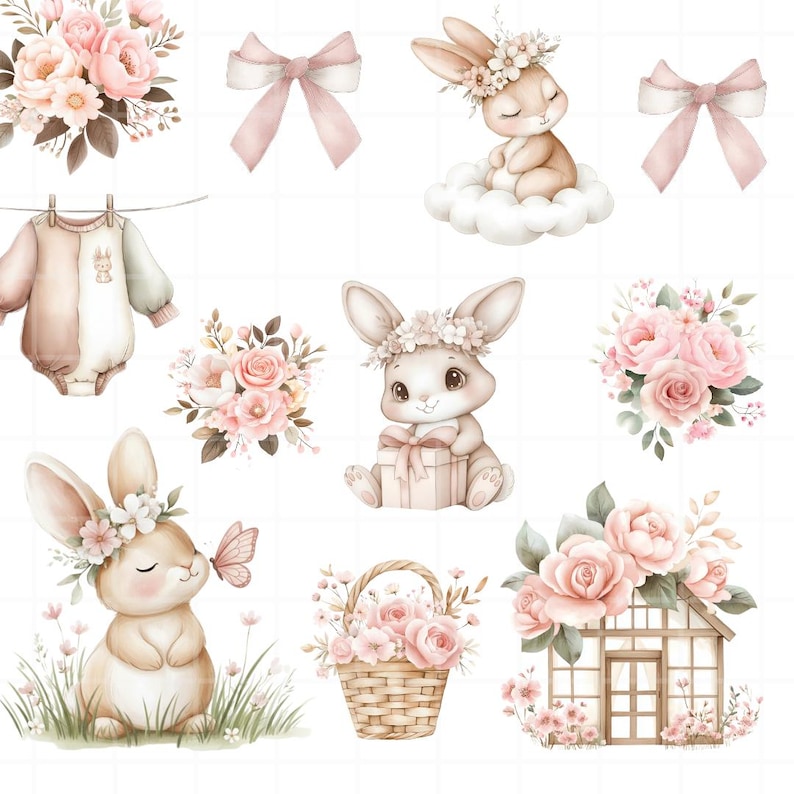 May include: A collection of watercolour illustrations with an Easter theme. The image includes bunnies wearing floral crowns, pink bows, rose bouquets, a baby onesie, a flower basket, and a small house adorned with flowers. The colour scheme is soft, with pinks, browns, and greens.