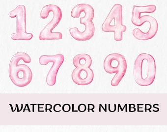 Pink Watercolor Zahlen Clipart, Geburtstagsdeko, pinke Ziffern