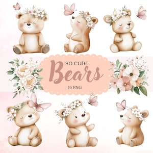 Cute Watercolor Bear Clipart, Bearly One Clipart, Bear and Butterfly Clipart, Nursery Bear png, Watercolor Floral Bears Clipart, Baby Shower