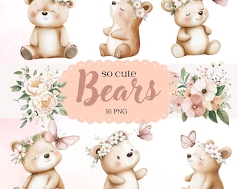 Watercolor Teddy Bear Clipart, Baby Shower & Nursery Decor, 16 png