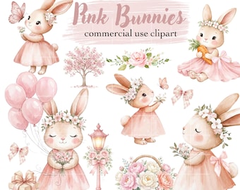 Pink Watercolor Bunny Clipart, Baby Shower, 1st Birthday, Nursery Decor