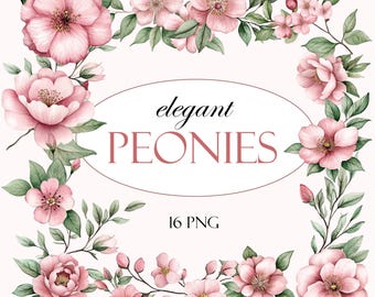 Watercolor Pink Peonies Clipart, Elegant Blush Pink Flowers, 16 png