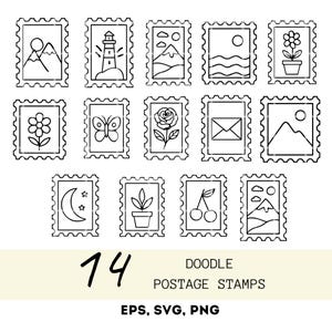 May include: A set of 14 black and white doodle postage stamps. Each stamp showcases a unique design, such as mountains, a lighthouse, flowers, a butterfly, a rose, an envelope, a moon, plants, and cherries. The text "DOODLE POSTAGE STAMPS" is included.