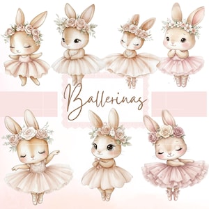 Könnte beinhalten: Aquarellillustration von sieben Hasen-Ballerinas in rosa Tutus und Blumenkränzen. Das Wort "Ballerinas" ist in Schreibschrift geschrieben. Jedes Häschen hat geschlossene Augen und befindet sich in einer anderen Balletthaltung.