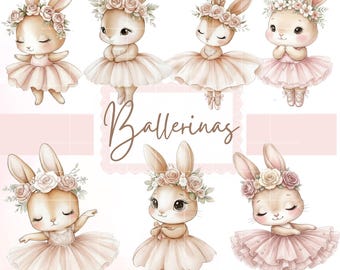 Watercolor Bunny Ballerina Clipart, Baby Shower Graphics, 10 Pink Nursery Rabbits png