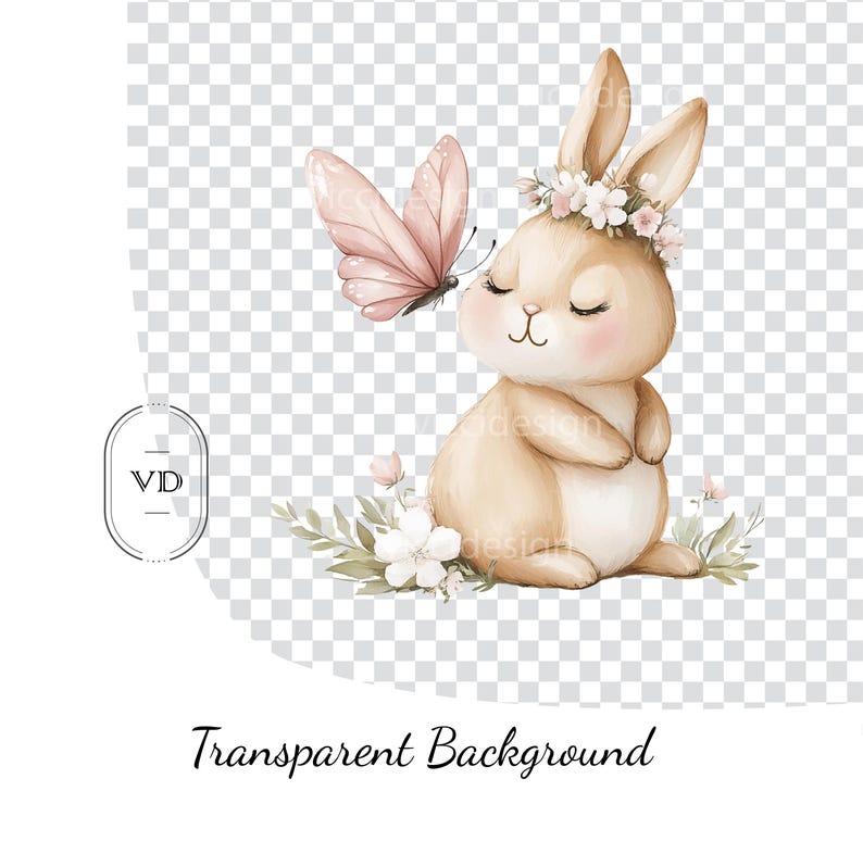 Clipart de coelhinho em aquarela, coelho e borboleta, decoração boho para quarto de bebê, imagens PNG para chá de bebê imagem 3