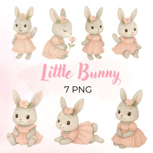 Kleine niedliche Häschen Clipart, Baby Häschen Clipart, Babyparty Clipart, Kaninchen PNG, Boho Kindergarten Kunst, 7 PNG, kommerzielle Nutzung
