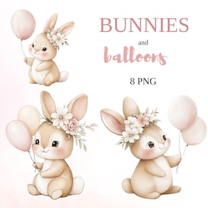 Clipart lapin et ballon, Clipart lapin mignon, aquarelle lapins PNG, lapins rigolos, décoration d'anniversaire, 300 DPI, lapins floraux aquarelles