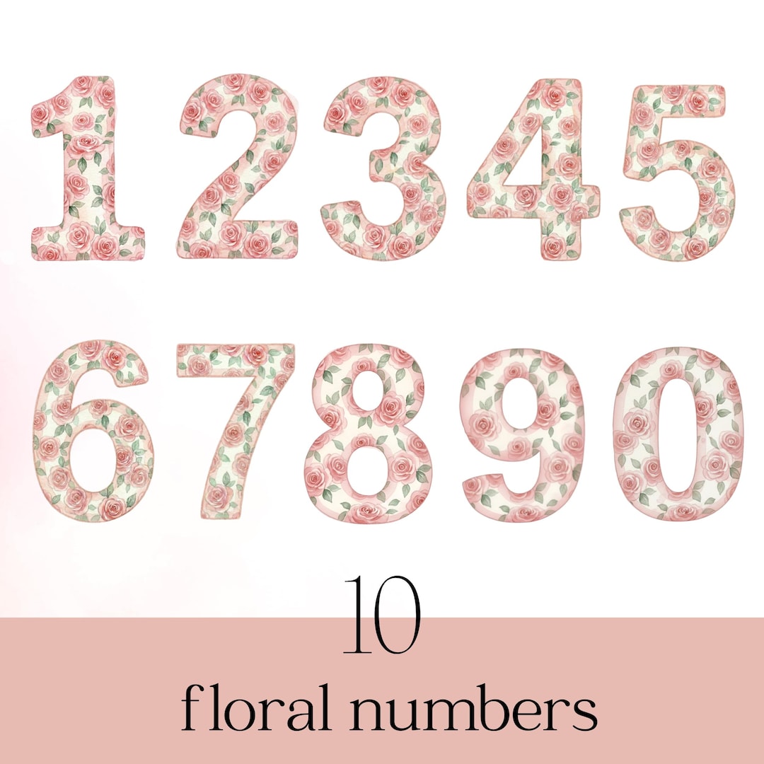 Floral Numbers Clipart, Pink Rose Numerals - Etsy