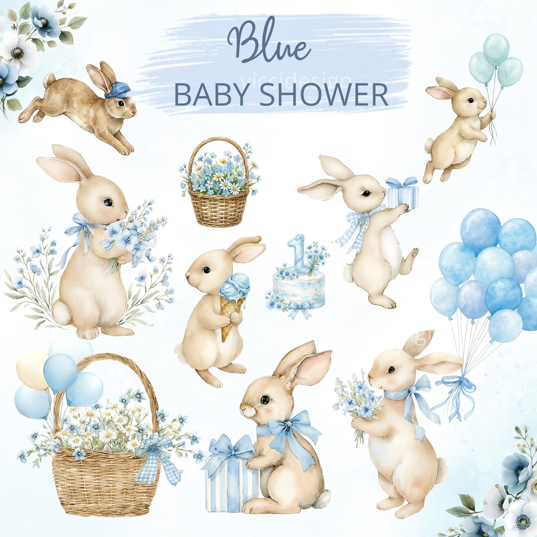 Waterolor Blue Bunny for Baby Shower, Baby Boy Bunny Clipart Bundle ...