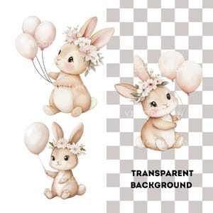 K&ouml;nnte beinhalten: Aquarellillustrationen von drei entz&uuml;ckenden Hasen, die Ballons halten. Jeder Hase ist hellbeige und mit Blumenkr&auml;nzen geschm&uuml;ckt. Die Ballons sind hellrosa. Das Bild hat einen transparenten Hintergrund.