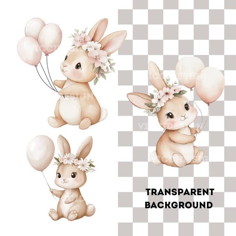 K&ouml;nnte beinhalten: Aquarellillustrationen von drei entz&uuml;ckenden Hasen, die Ballons halten. Jeder Hase ist hellbeige und mit Blumenkr&auml;nzen geschm&uuml;ckt. Die Ballons sind hellrosa. Das Bild hat einen transparenten Hintergrund.