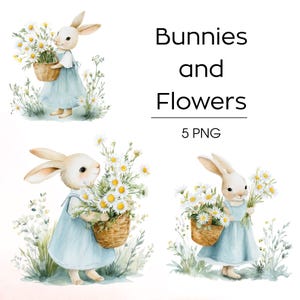 Watercolor Bunnies Clipart: Nursery Art, Flowers (PNG, Commercial Use)