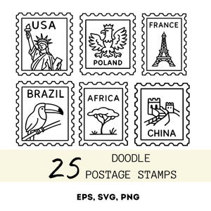 Selos postais com rabiscos, selos postais de diferentes países, desenhados à mão, eps svg png, 25 elementos, clipart de selos postais de viagem