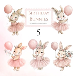 Puede incluir: Un conjunto de ilustraciones digitales con cinco conejitos vestidos con tutús de tul rosa y coronas de flores, cada uno sosteniendo un globo rosa. El texto dice BIRTHDAY BUNNIES commercial use clipart y el número 5. Tonos pastel suaves.