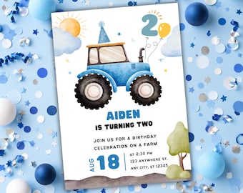 Inbjudan till födelsedag för traktor och gård, redigerbar Canvas-mall | Utskrivbar inbjudan till bondgårdsfest