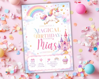 Plantilla editable de invitación de unicornio / Diseño de arcoíris pastel para cumpleaños infantiles