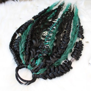 Ponytail Braids Extension Elastic Band Kanekalon Boho braids with viking dreadlocks boho ponytail fishtail ponytail Long curl Black, green