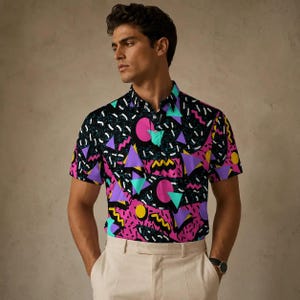 Mens Vintage Polo Shirt Neon Geo Pattern Golf Shirt, Men's Shirt Boho Beach Picnic and Party Wear Shirt for Him, Shirt for Men, Mens Shirt