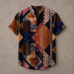 May include: A short-sleeve button-down shirt featuring a mandarin collar and a complex geometric pattern in shades of black, burnt orange, deep blue, and cream. The design consists of various panels with stripes, diamonds, and small circular motifs.